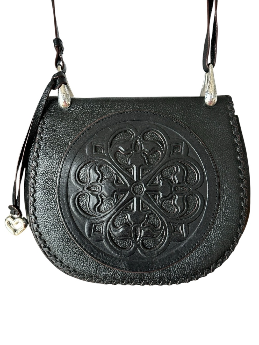 Brighton Womenโs Black Leather Ferrara Gisella 3D Medallion Crossbody Saddle Bag
